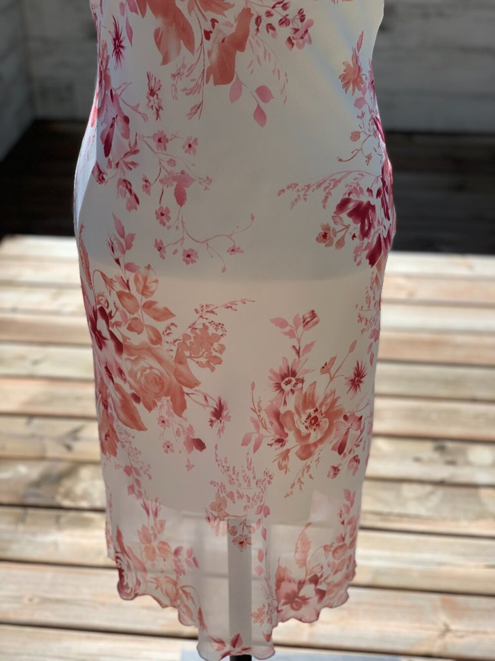 Vintage Slip Dress 11 Cream Pink Floral Sheer Chiffon Midi Sleeveless Romantic - Picture 4 of 14